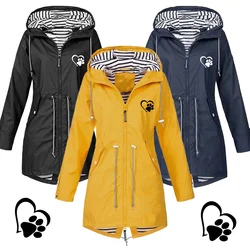 Women Casual Solid Color Long Coat Waterproof Zipper Rain Jacket Solid Color Outdoor Mountaineering Hooded Windproof Windbreaker