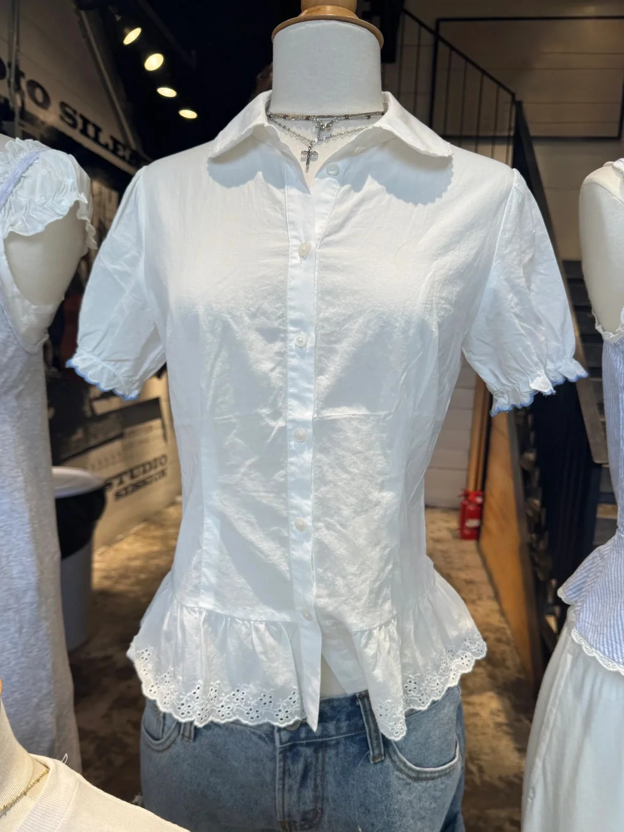 

Blue Trim Patchwork T-shirt Blouse Woman Peter pan Collar Floral Embroidery Hem Puff Sleeve Shirts Casual Simple Cotton Tshirts