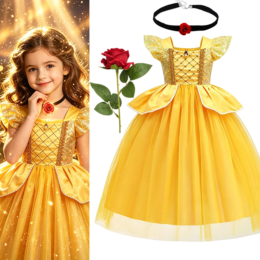 Belle Dress Kids Halloween Child Cosplay Costume Yellow Dress for Girls Clothes Sets Baby Girl Princess Dresses Christmas Party