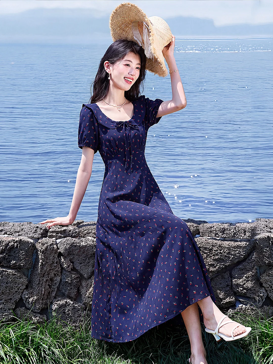 

Xin Fei Yu Short Sleeve Floral Print A-Line Midi Dress Women's Summer New Style Doll Collar High Waist Breathable Polyester