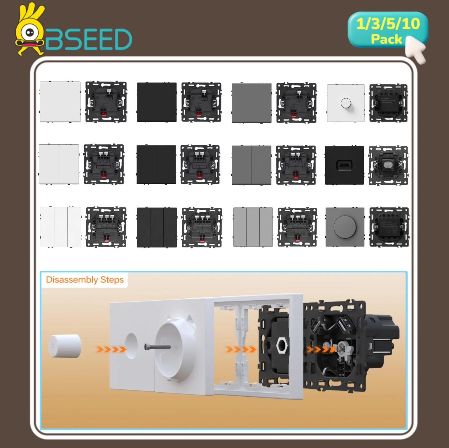 BSEED 1/2/3Gang Wall Light Switch Module 1Way Part Without Frame LED Dimmer Switch Insert Fan Free Combination E Series Plastic