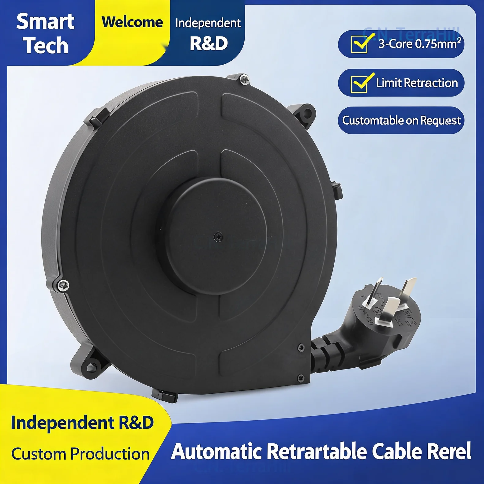 3-Core Cable Reel Retractable Extension Cord Reel for Electric Vehicle Charging and Testing Equipment
