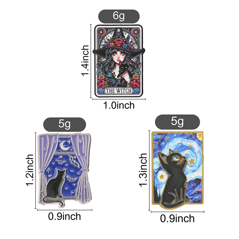 Gothic Witch Tarot Card Cat Badge Starry Sky Window Scene Enamel Pins Fashion Lapel Metal Brooch Backpack Clothes Jewelry Gift
