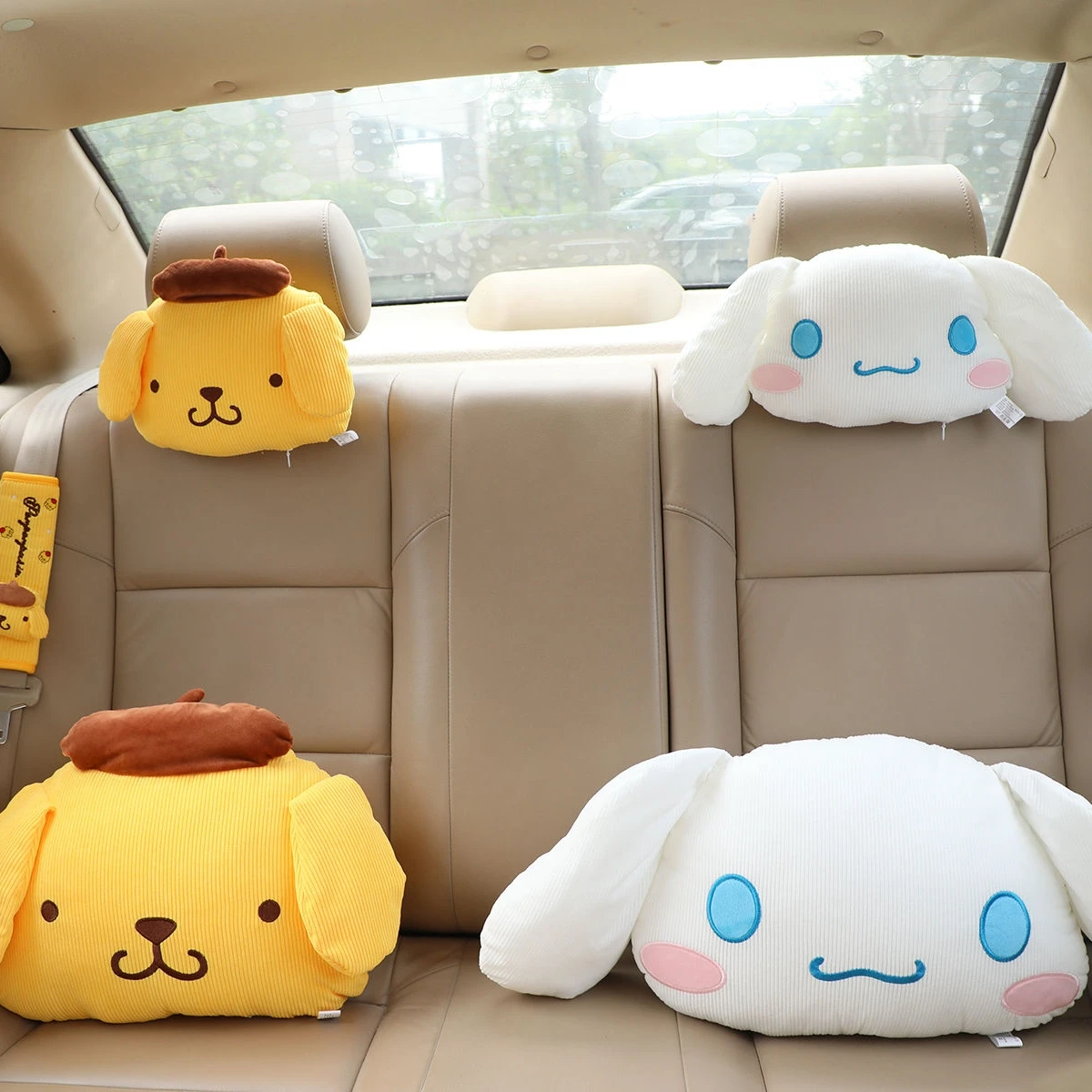 Sanrio Vintage Style Corduroy Headrest Back Cushion Seat Belt Cover Cinnamoroll Kuromi Pom Pom Purin Throw Pillow Sofa Bed Gifts