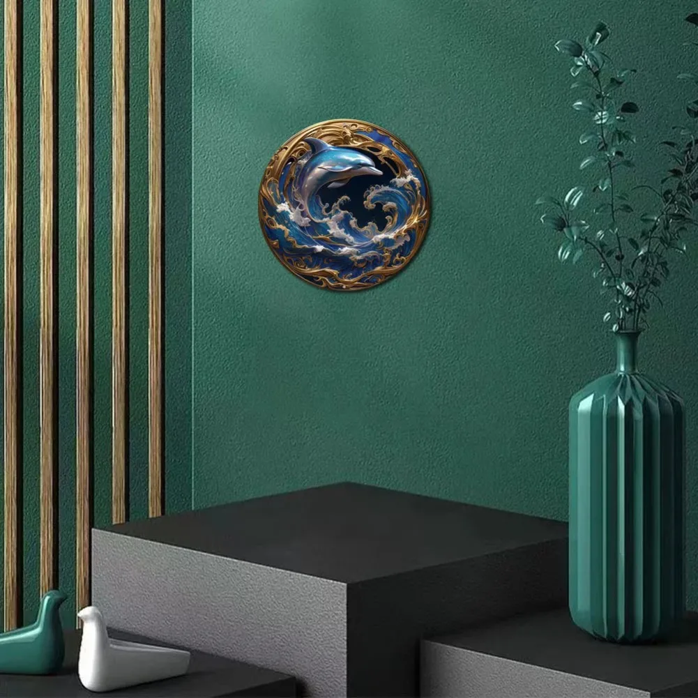 علامة إكليل معدنية مستديرة تحت عنوان دولفين كلاسيكي، ديكور من الألومنيوم للمنزل والمقهى والشقة وديكور حائط مثالي وهدية العيد