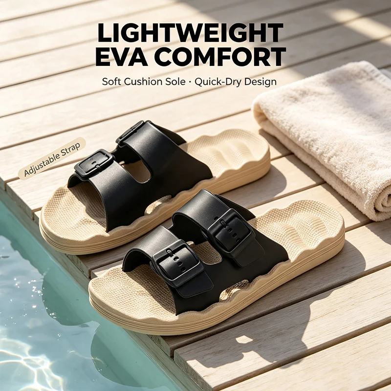 Men's Casual Buckle-Adjustable EVA Slip-On Soft Sole Slippers for Home Beach Sandals  Indoor Outdoor Slides Non-slip Flip-flop