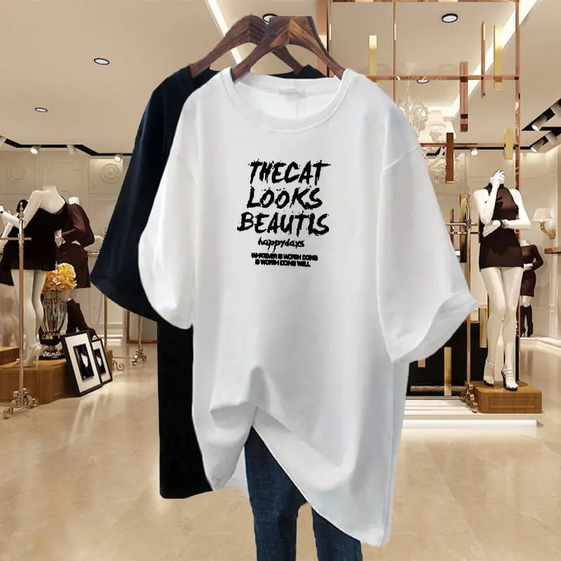 Trend All-match Printing Letter Tops Tees Summer New Short Sleeve O-neck Loose Solid Color Youth Harajuku Casual Women Clothing