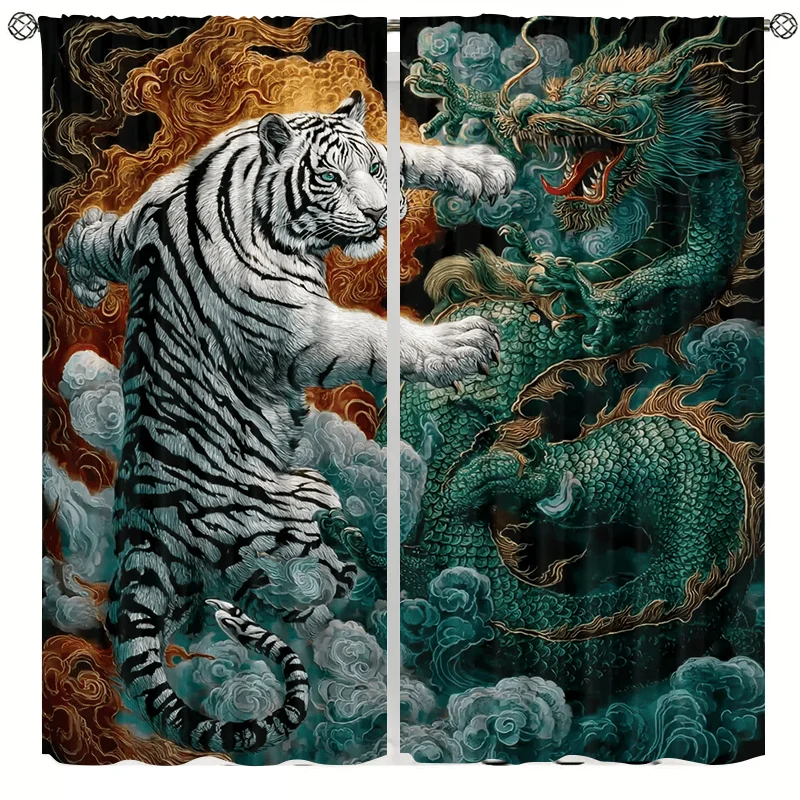 Longhu Xiangyun pattern curtains, installed using pocket rod method, are suitable for bedrooms, living rooms, balconies
