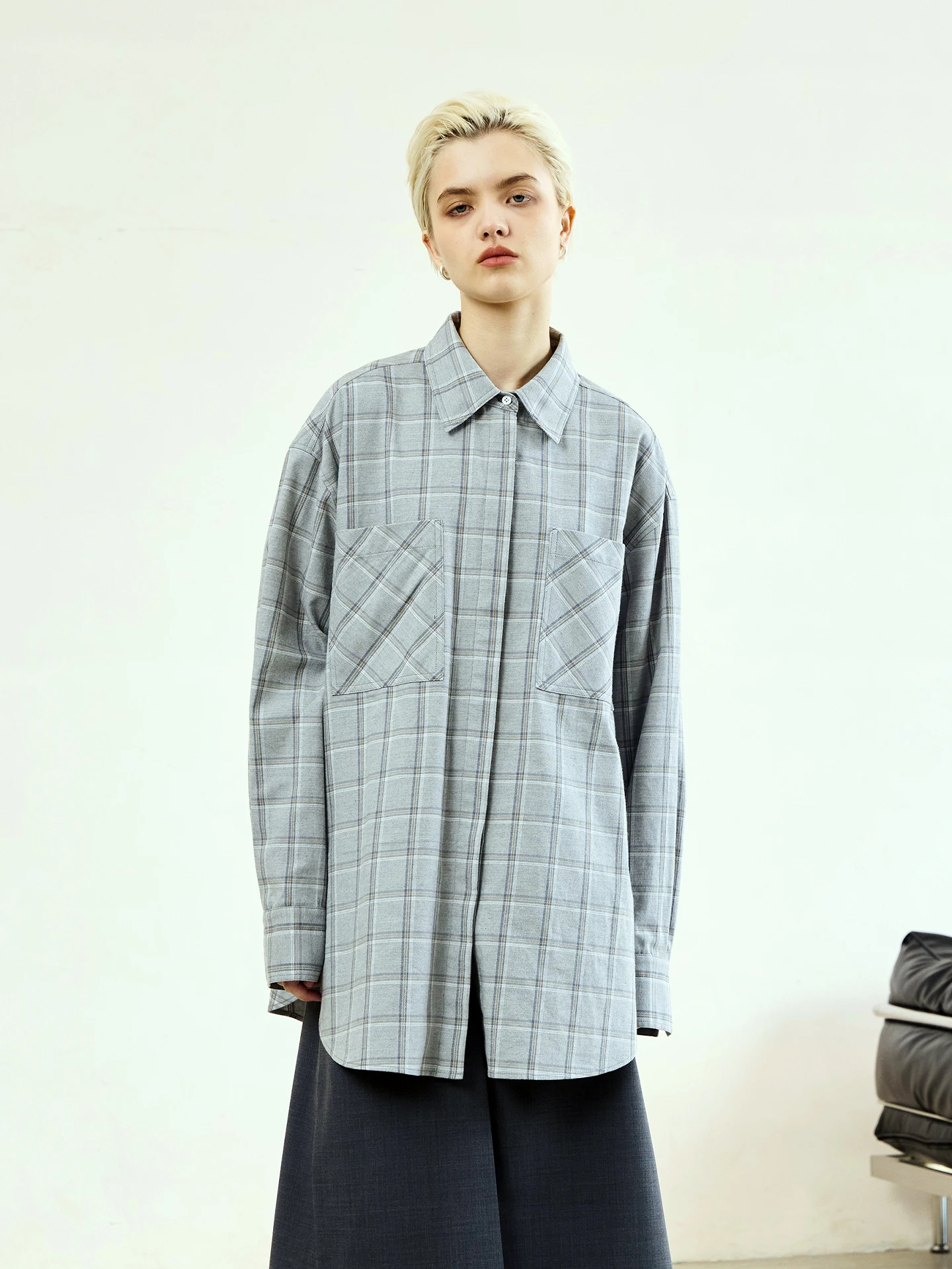 

MeeMeeLab Original Gentleman Ele Plaid Full Cotton Double-sided Floing Loose Long Sve irt Autumn Winter Casual Sle