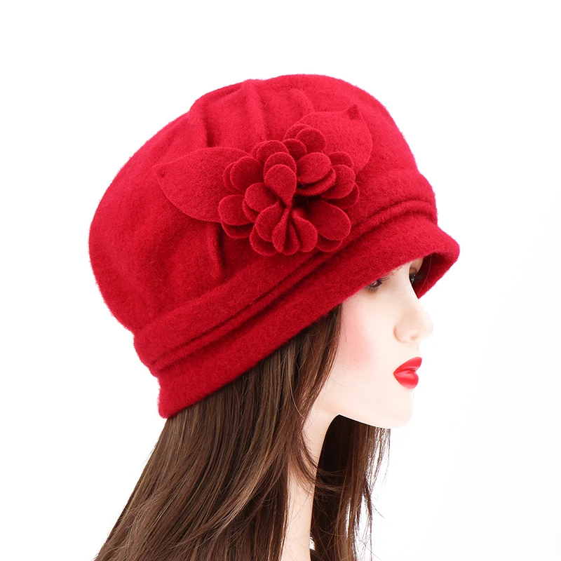 Vintage WoMen's Elegant Winter Hat Wool Flower Bucket Cloche Ladies Wide Brim Cashmere Woolen Berets Hat Wedding Church Gorros