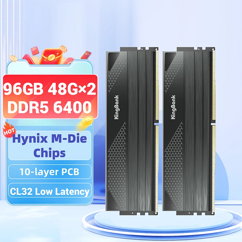 KingBank DDR5 96GB 48gbx2 48GB 6400MHz CL32 Desktop Memory 10 layer PCB DIMM DDR5 RAM Hynix M die Chip High performance XMP EXPO