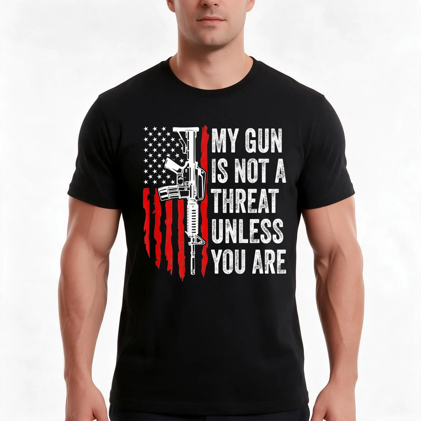My Gun Is Not A Threat Unless You Are USA Flag (On Back) T-Shirt, Summer Casual Cotton Tee, Oversized Streetwear Tops