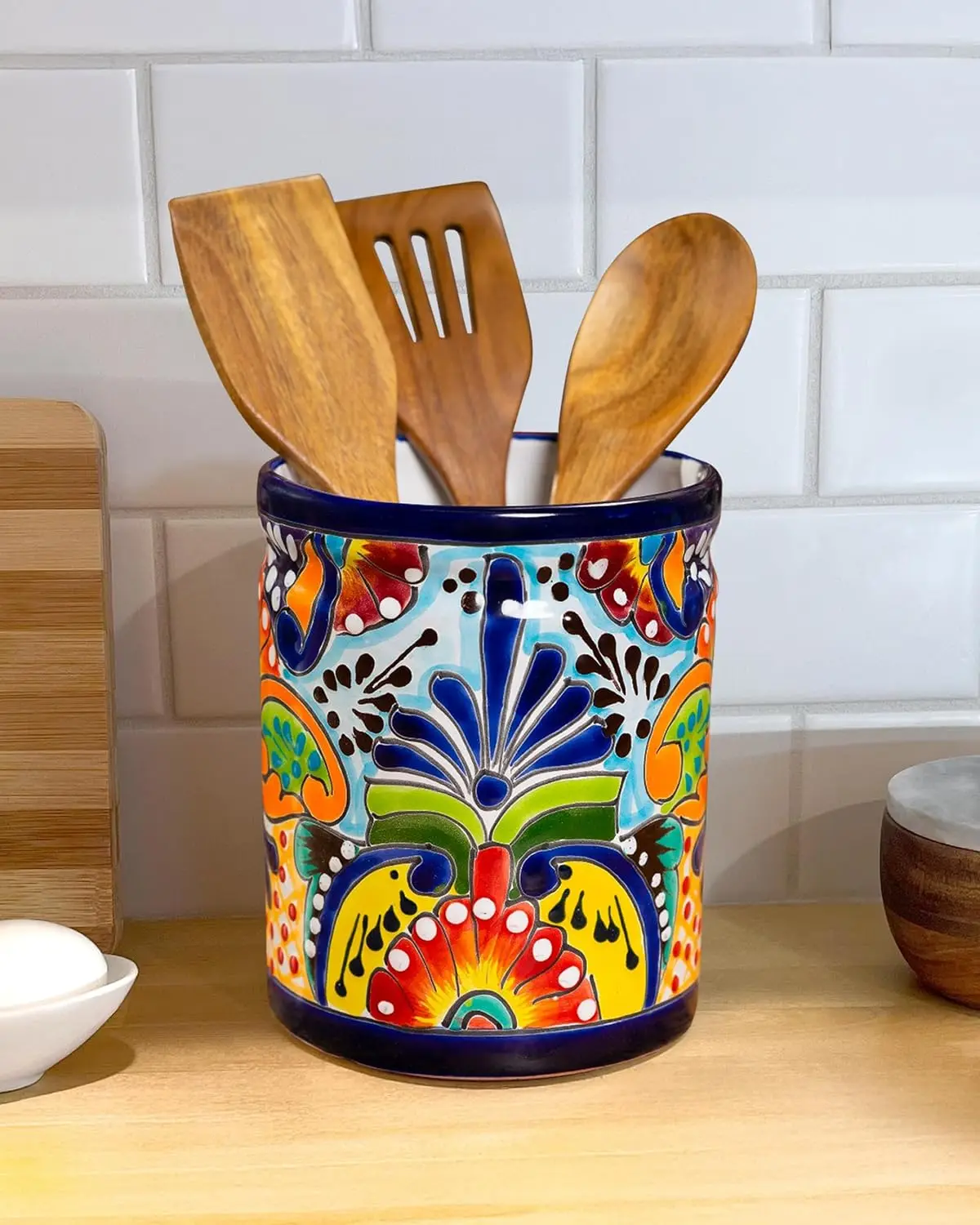 Extra Large Handmade Mexican Talavera Ceramic Utensil Holder for Counter – Lead-Free Spoon Rest, Spatula & Ladle Organizer, Kitchen Decor