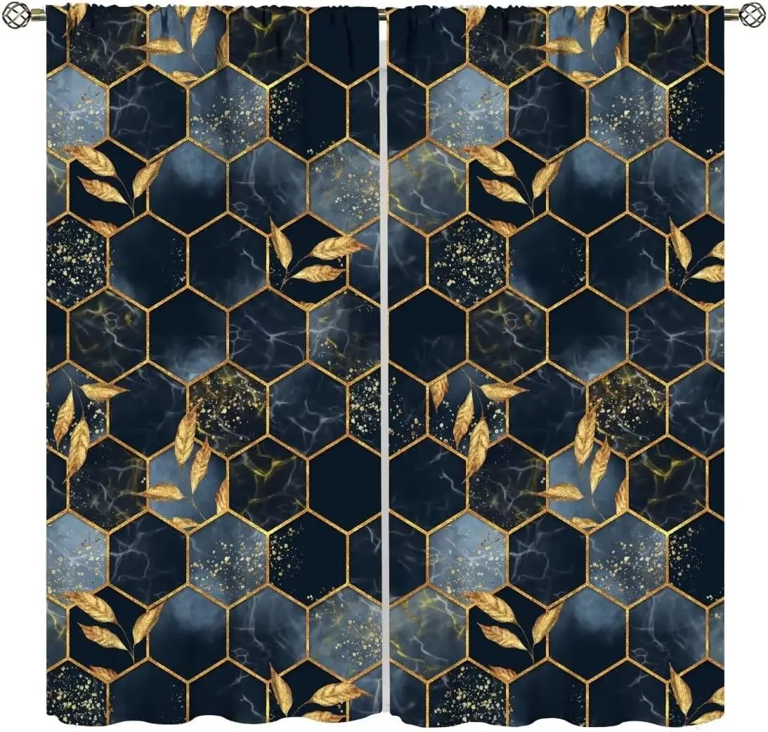 Marble Curtains Retro Abstract Dark Blue Geometry Art Window Treatments for Bedroom Living Room Kitchen Room Darkening Window