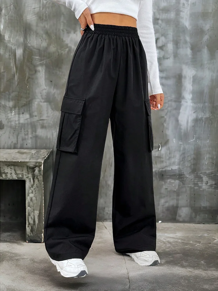 Elegant Solid High Waist Ripped Pant Fashion Women Pocket Elastic Straight Cargo Pants Casual Streetwear Sweatpant Y2K Trousers