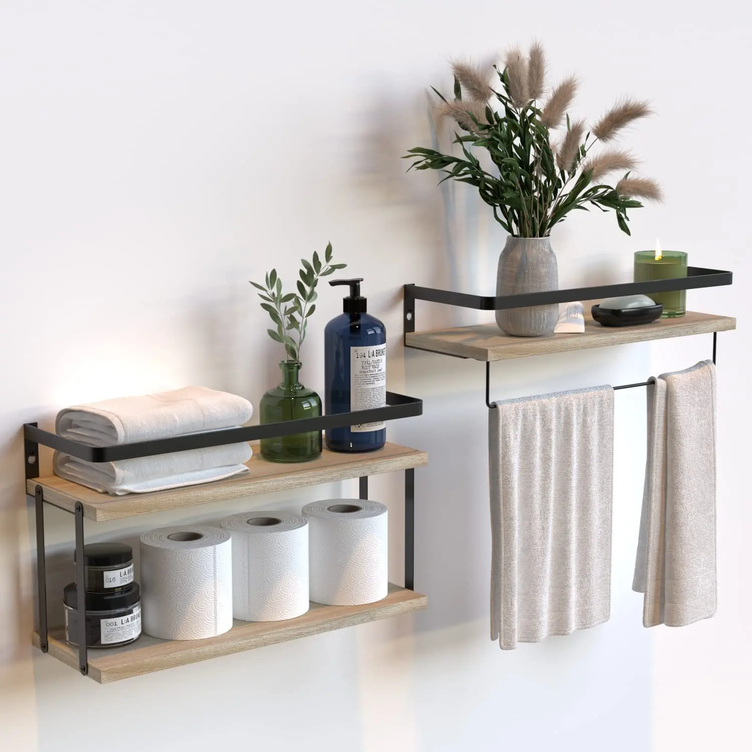 Double Layer Bathroom Rack Wall-Mounted Floating Shelf with Storage Basket Wooden Shelf Metal Bracket Storage Shelf Shelves