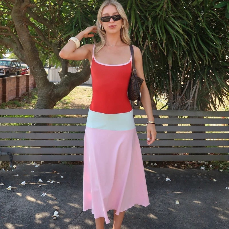 

Tsiisd Summer Patchwork Women's Maxi Dress Contrast Beach Vacation Slim Sexy Party Wedding Dress Female Bodycon Dress New 2026