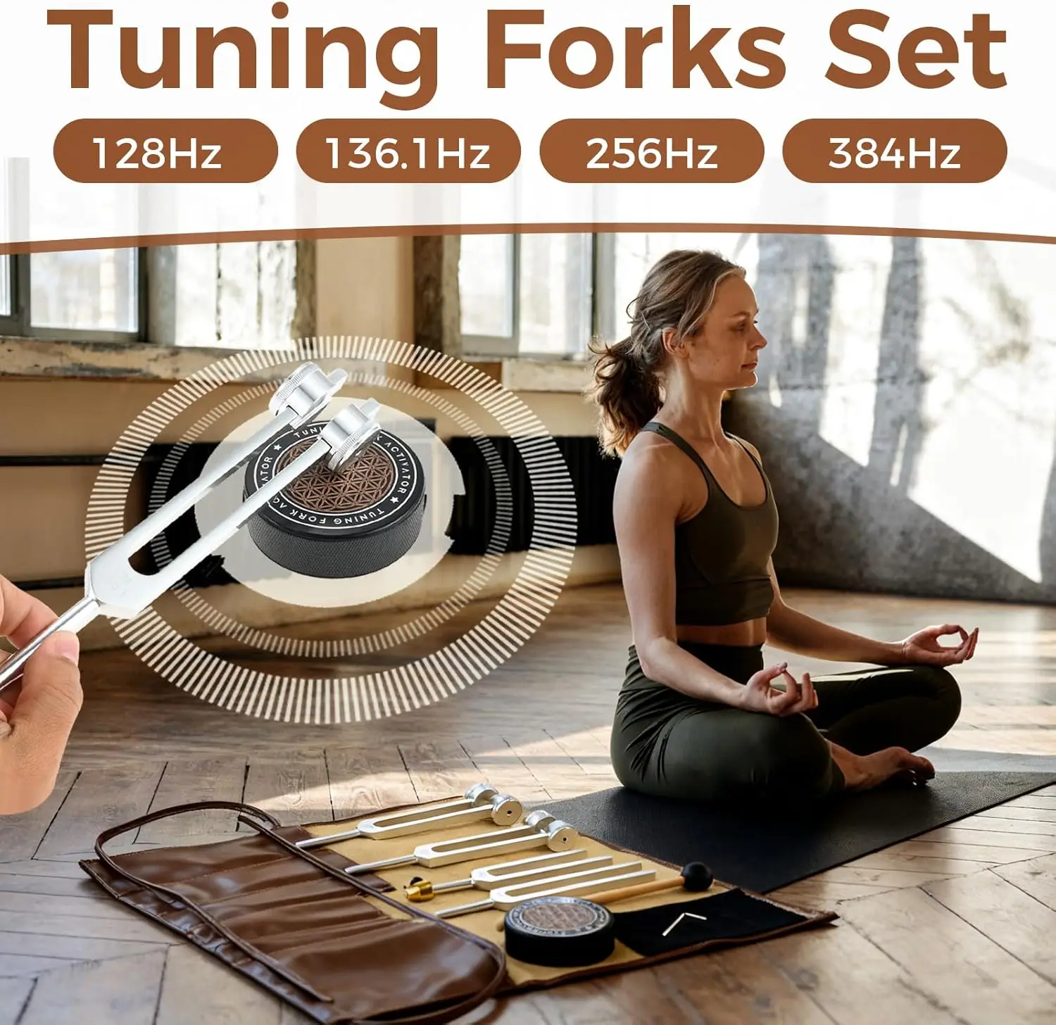 Resonance Tuning Fork Set 128/136.1/256/384Hz Weighted&Unweighted Tuning Forks Kit W/ Hockey Puck Activator&Feet Brown/Black Bag