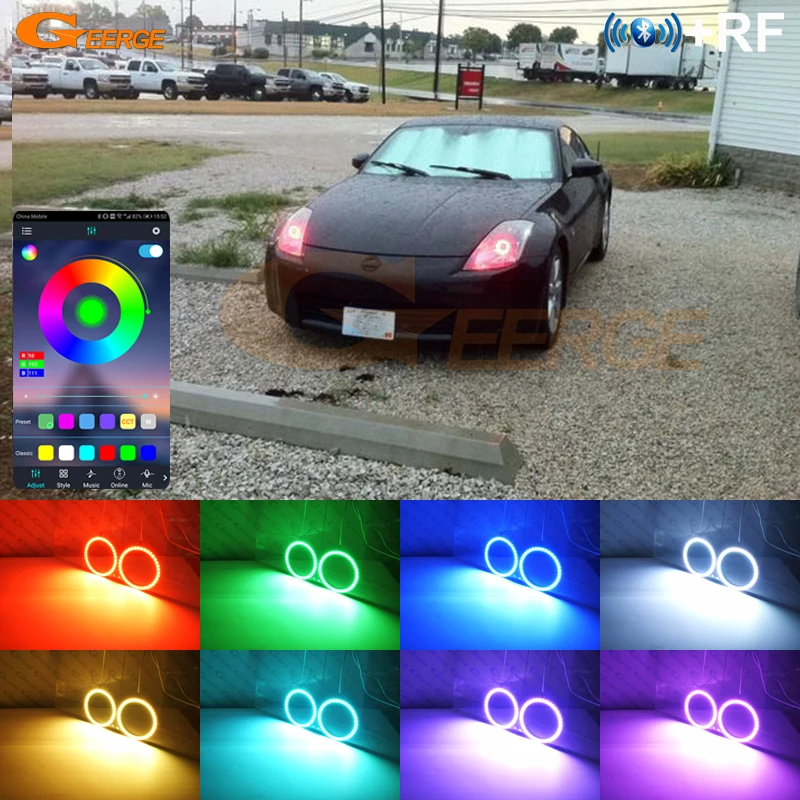 For Nissan 350 Z 350Z 2003 - 2009 BT App RF Remote Control Multi Color Ultra Bright RGB LED Angel Eyes Kit Halo Rings Light