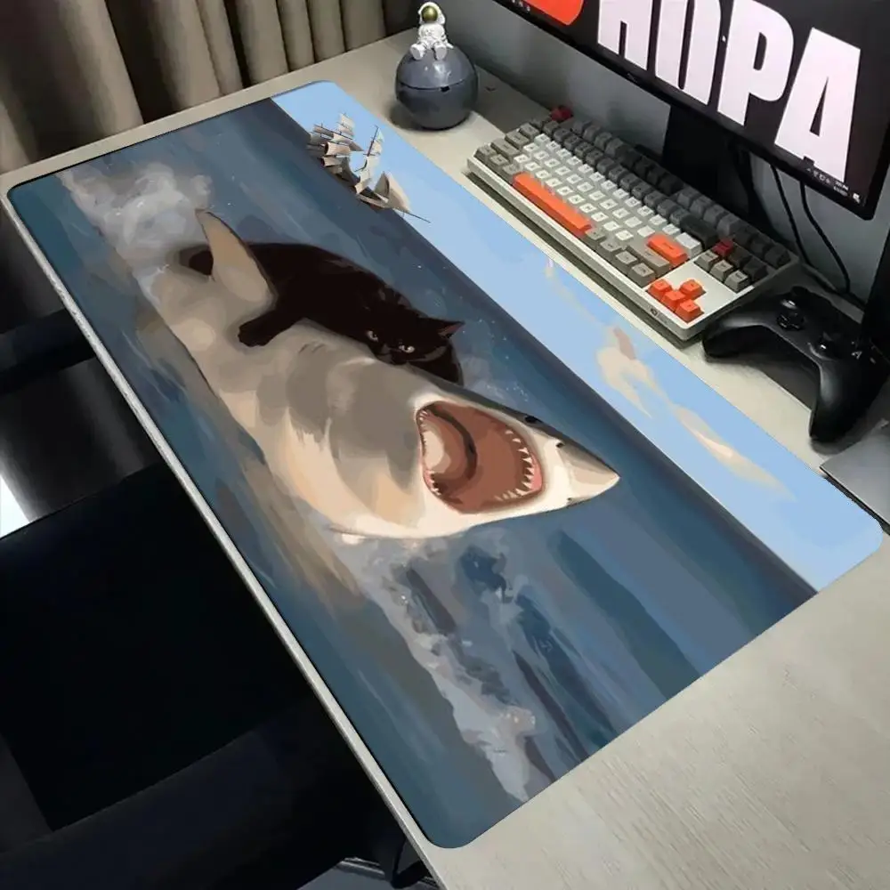 Large MousePad Desk Mat PC Keyboard Pad Funny Black Cat Riding Shark Ocean Art Painting Print Non Slip Rubber Base Stitched Edge
