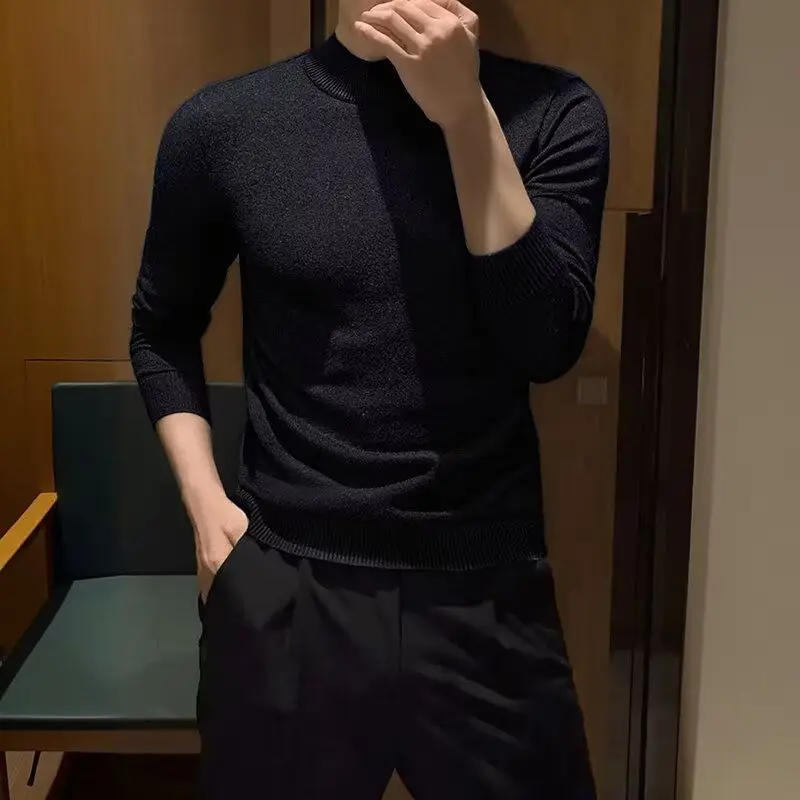 سترة Thiened Long Sve Base irt للرجال متوسطة الياقة العالية بلون نقي ملابس الخريف الدافئة سترة محبوكة من البوليستر الناعم #2