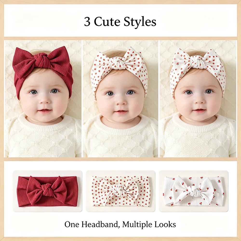 3-teiliges Baby-Stirnband-Set mit geknoteter Schleife, Turban, gerippte Haarbänder für Neugeborene, Kirschherz-Druck, Haarschmuck für Kleinkinder, Kopfwickel für Kleinkinder – Detail 1