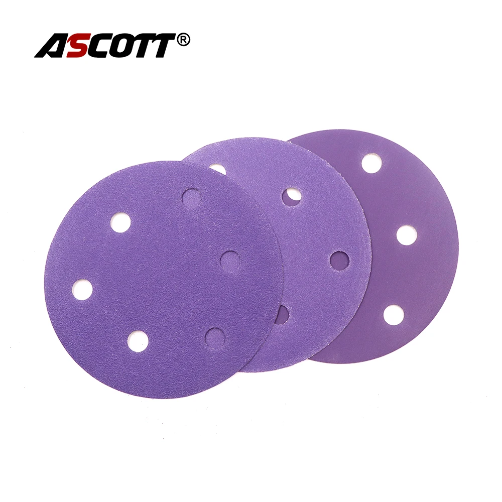 100 pz 5 pollici 6 fori disco abrasivo in allumina carta vetrata viola Hook Loop abrasivo ceramico per la rimozione della ruggine del metallo lucidatura rettifica