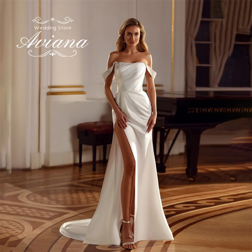 アヴィアナ カスタマイズされたマーメイド ハイ スプリット ビーズ ウェディング ドレス パール スパンコール オフザショルダー フロアレングス コート トレイン フリル 新しい