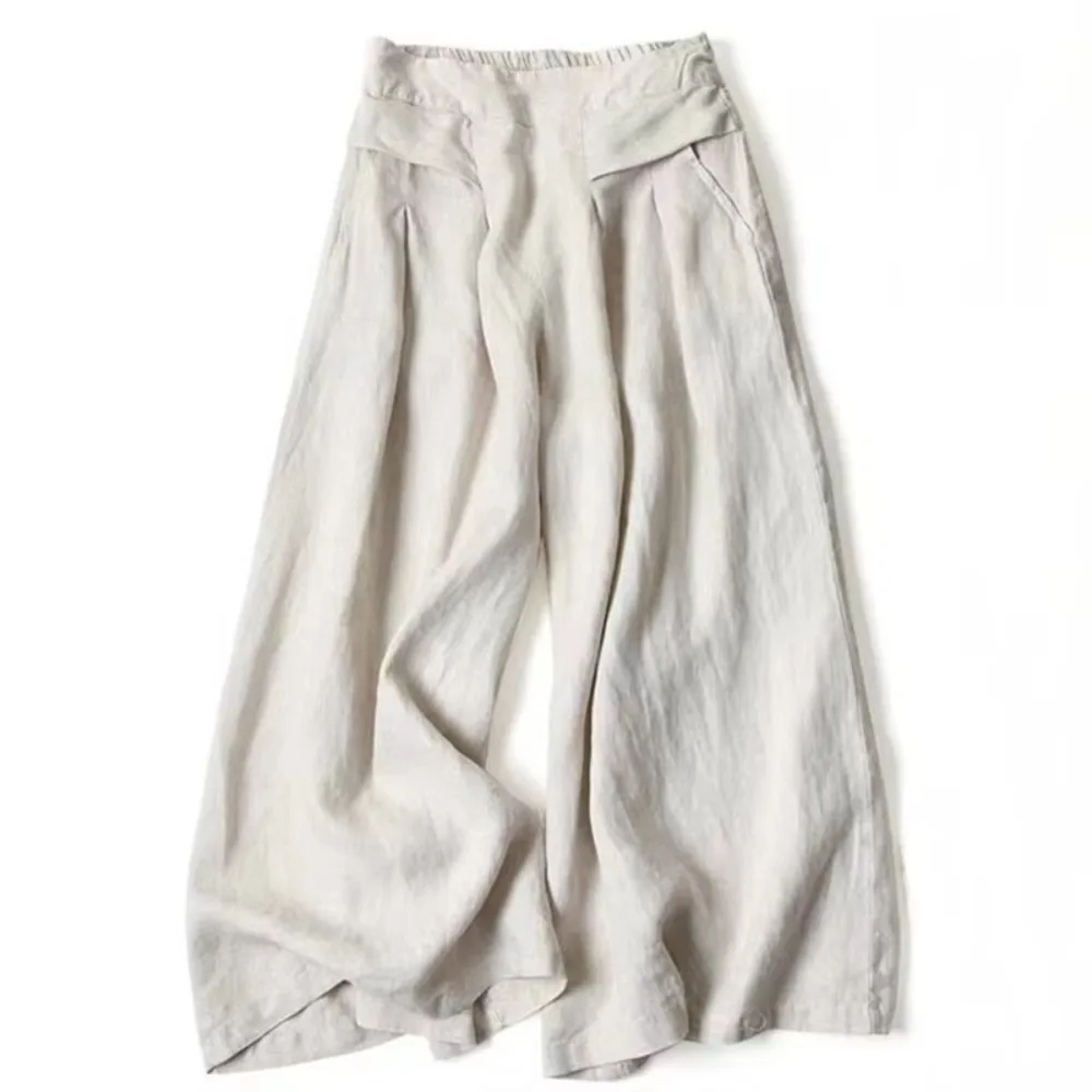 High Waist Wide Leg Pants Loose Fit Lightweight Casual Palazzo Trousers Elastic Waistband Cotton Linen Fabric Cotton Linen Pants