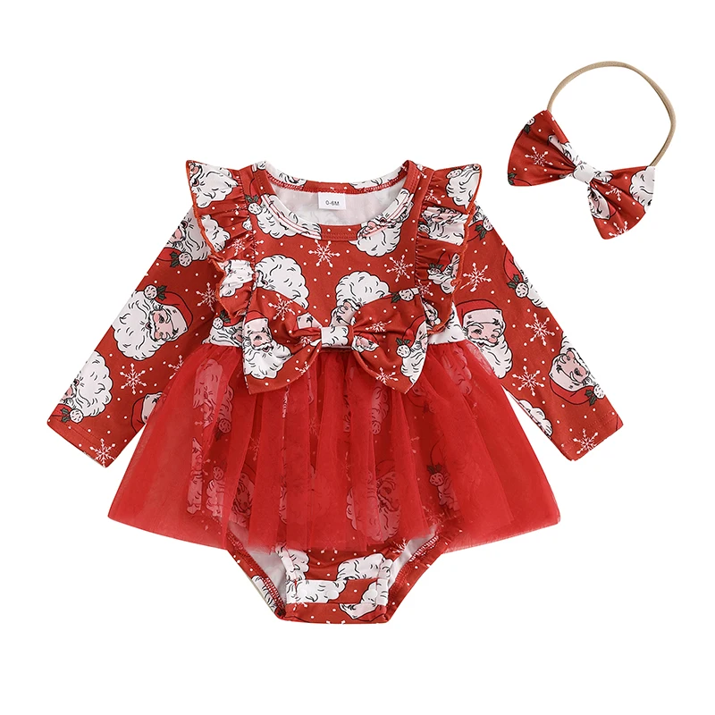 Baby Girls Christmas Romper Long Sleeve O Neck Santa Claus Print Romper with Headband