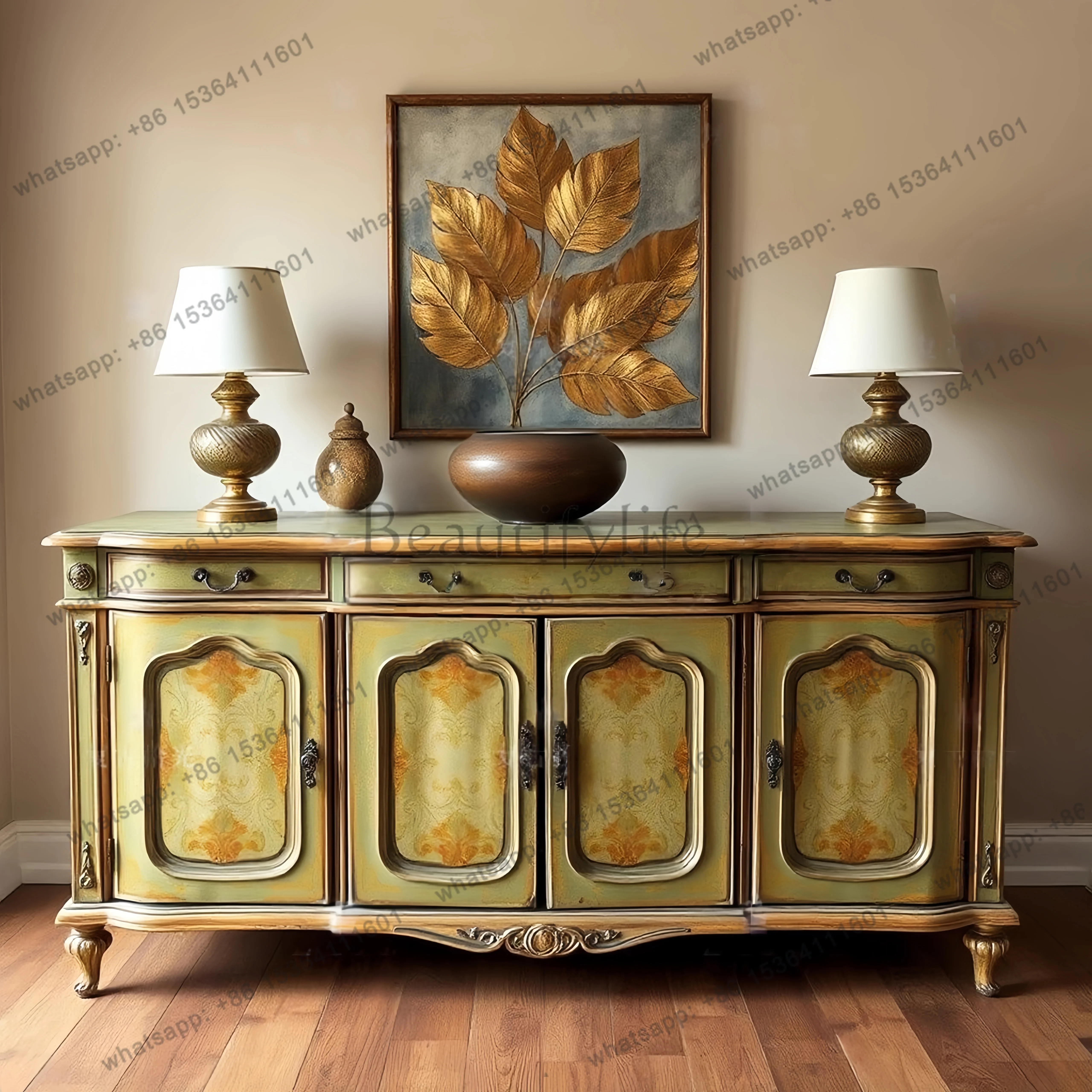 Retro light picking French retro solid wood carving flower entrance cabinet living room painted decorative cabinet