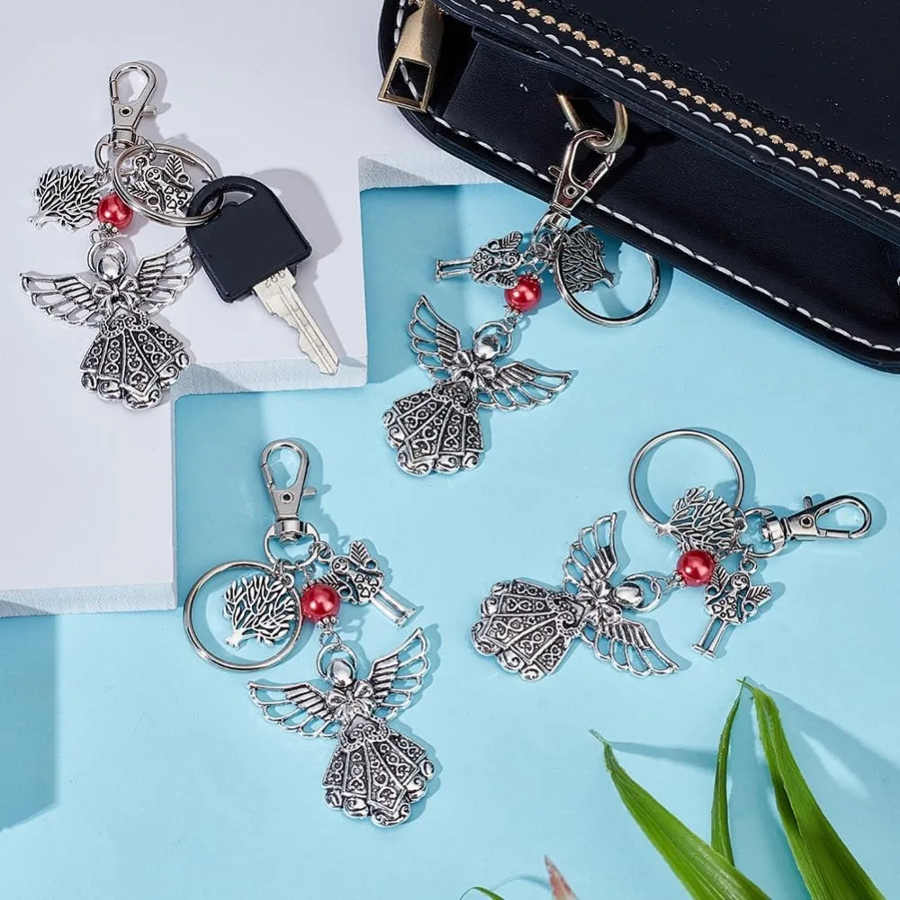 Silver Angel Charm Keychain 6 pcs Guardian Angel Keychain Accessories Gift Baptism Favors Key Ring for Women Funeral Party