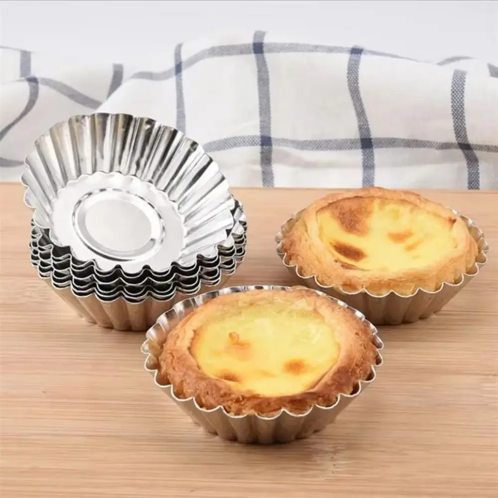 

50Pcs Reusable Egg Tart Cup Mold Non-Stick Thickened Tart Muffin Molds Aluminium Alloy Flower Shape Kitchen Baking Mold