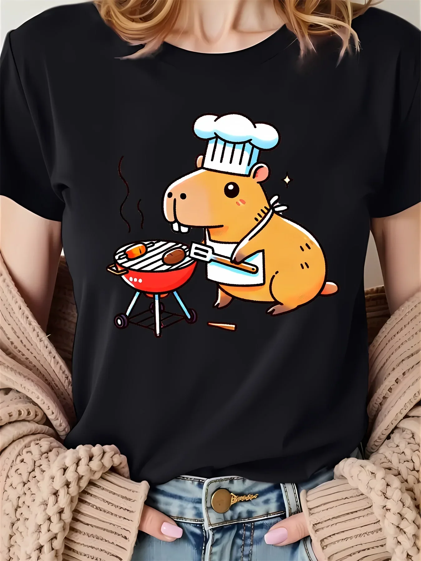 Camiseta blanca de manga corta para mujer, bonito conejillo de indias, Chef, barbacoa, estampado gráfico, manga corta, ropa de calle Harajuku, camisetas
