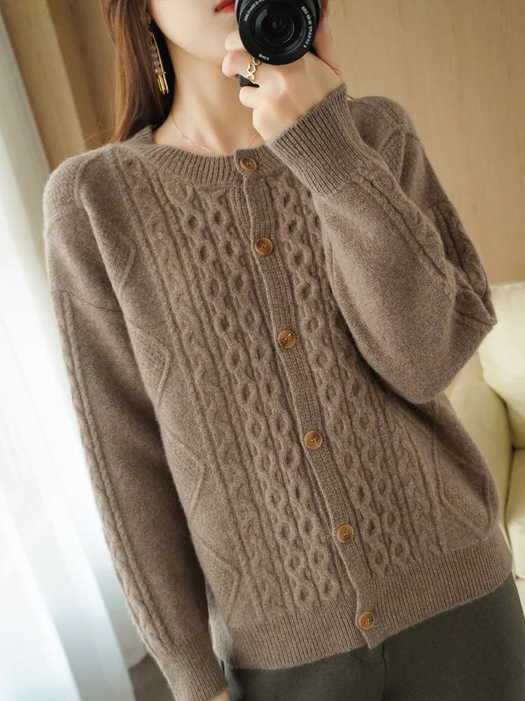 새로운 여성 오-넥 케이블 뜨개질 카디건 가을 겨울 긴 소매 캐시미어 스웨터 웜 소프트 100% 메리노 울 니트