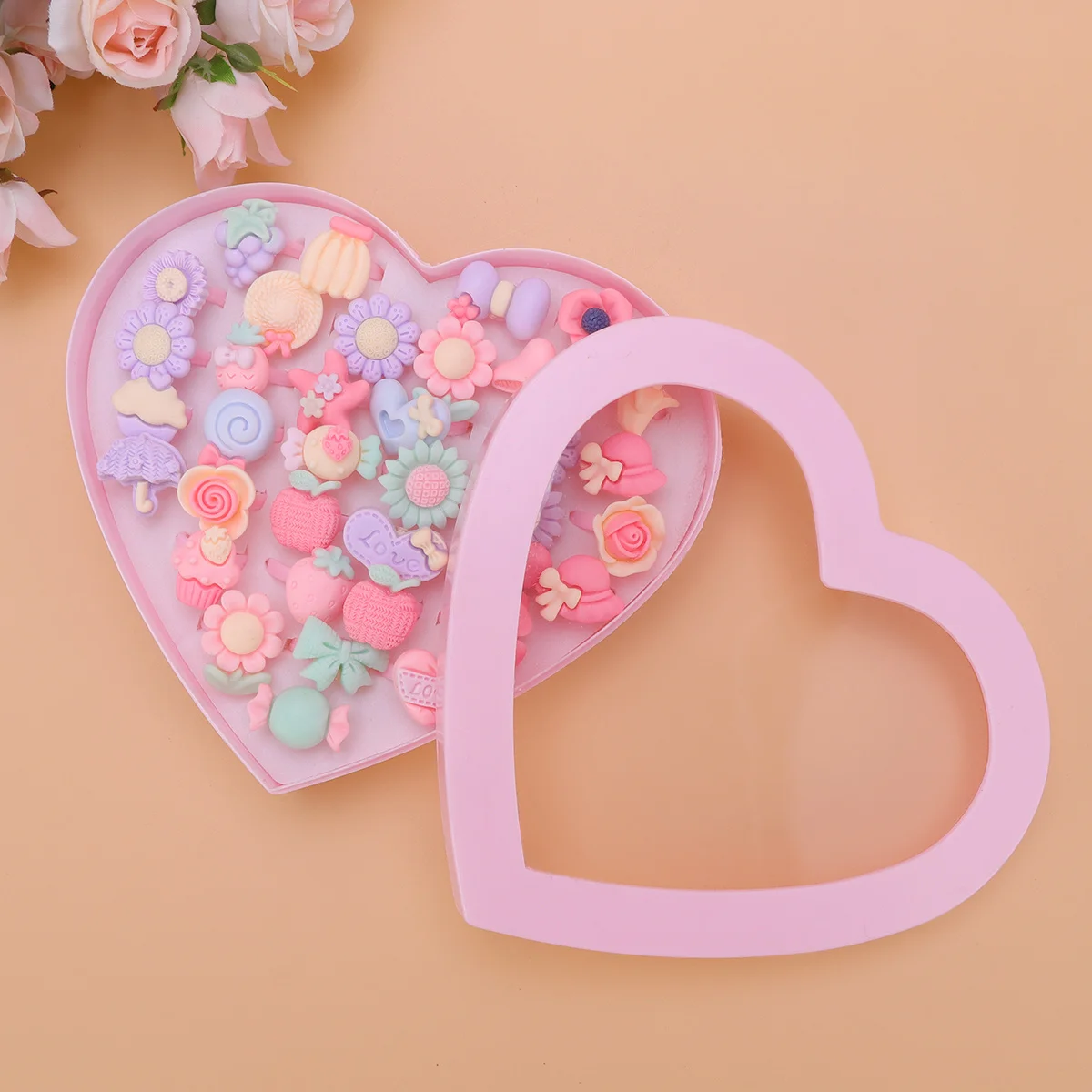 

36Pcs Girls Macaron Flower Rings Adjustable Cartoon Dress Up Pretend Play Rings for Birthday Party Prizes Gifts