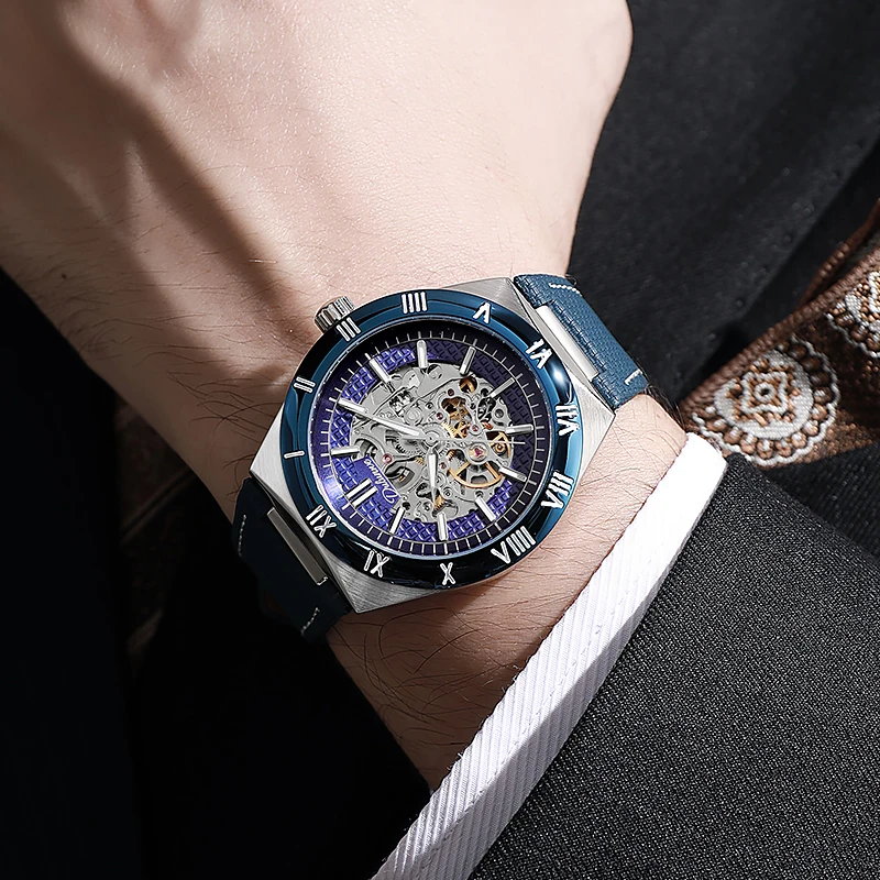 Luxury Skeleton Automatic Men Wristwatch Blue Grid Hollow‑Out Dial Roman Bezel Sports Watch