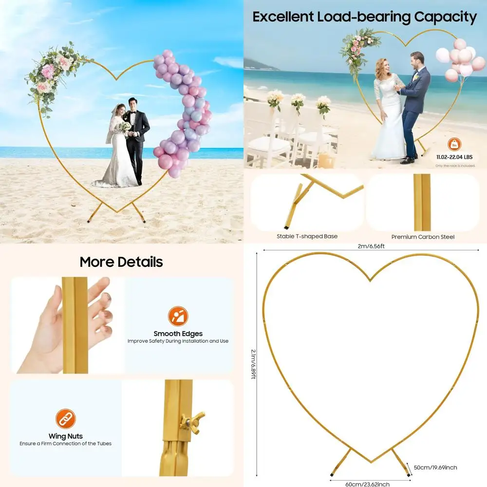 

Heart-Shaped Gold Wedding Arch with Flower Frame and Balloon Support for Party and Proposal Decor