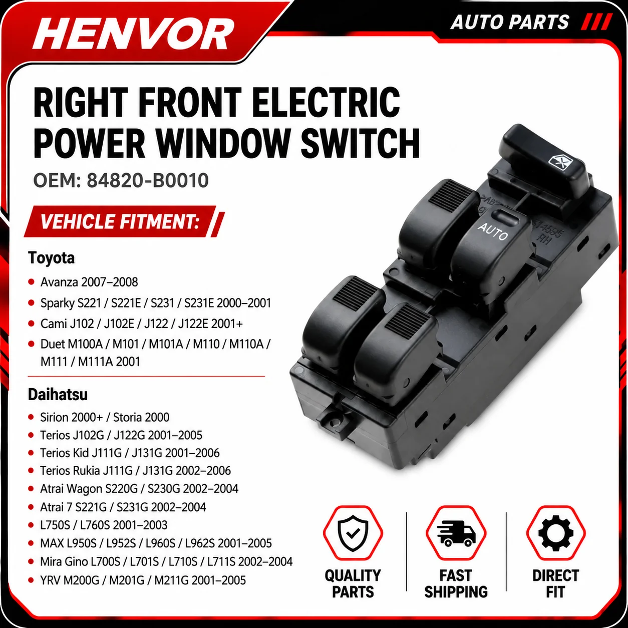 Right Electric Master Power Window Switch 84820-B0010 For Toyota Avanza 2007-2008 Daihatsu Terios YRV