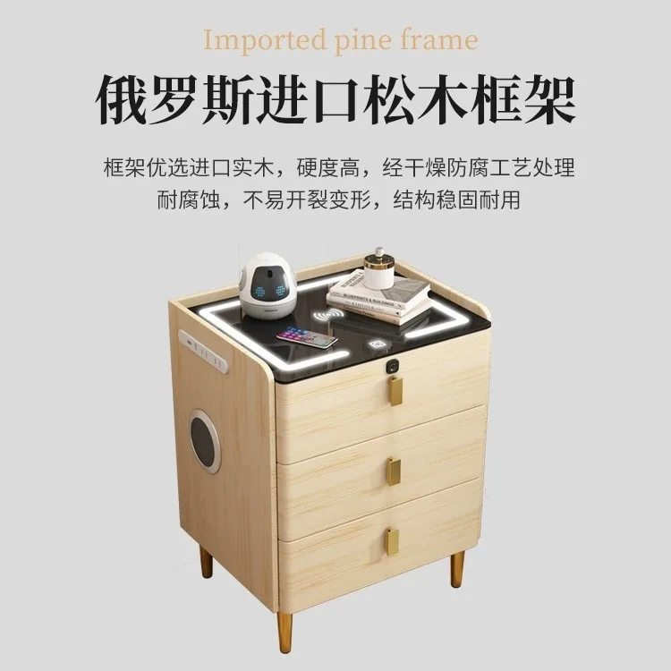 طاولة بجانب السرير الذكية للمشاهير على الإنترنت من الخشب الصلب بالكامل، تخزين بجانب السرير لغرفة النوم المنزلية مع قفل خفيف فاخر وحديث وبسيط