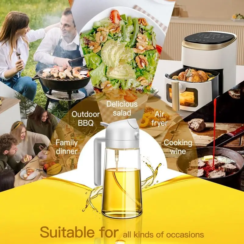 1-2PCS 470ml Glass Oil Sprayer and Pourer 2 in 1 Kitchen Dispenser Wide Mouth Easy Refill Reusable for Cooking and Grilling