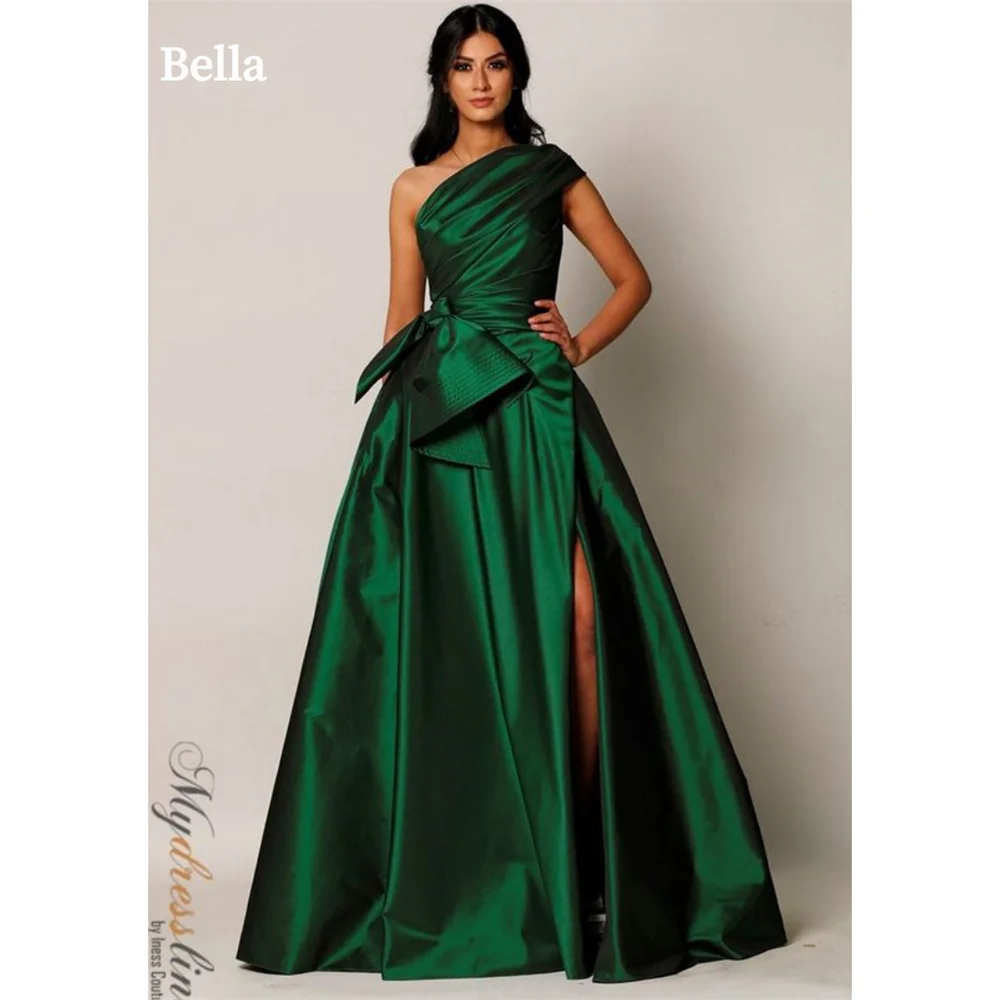 

Bella Satin A-Line One the Shoulder robes de soirée Draped Side High Split Formal Evening Dresses Cocktail Party Wedding Dress