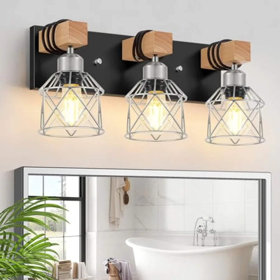

3-Light Wood Bathroom Light Fixtures Over Mirror Rustic Black Silver Famhourse Sconces Wall Decor with Elegant Metal Lampshade