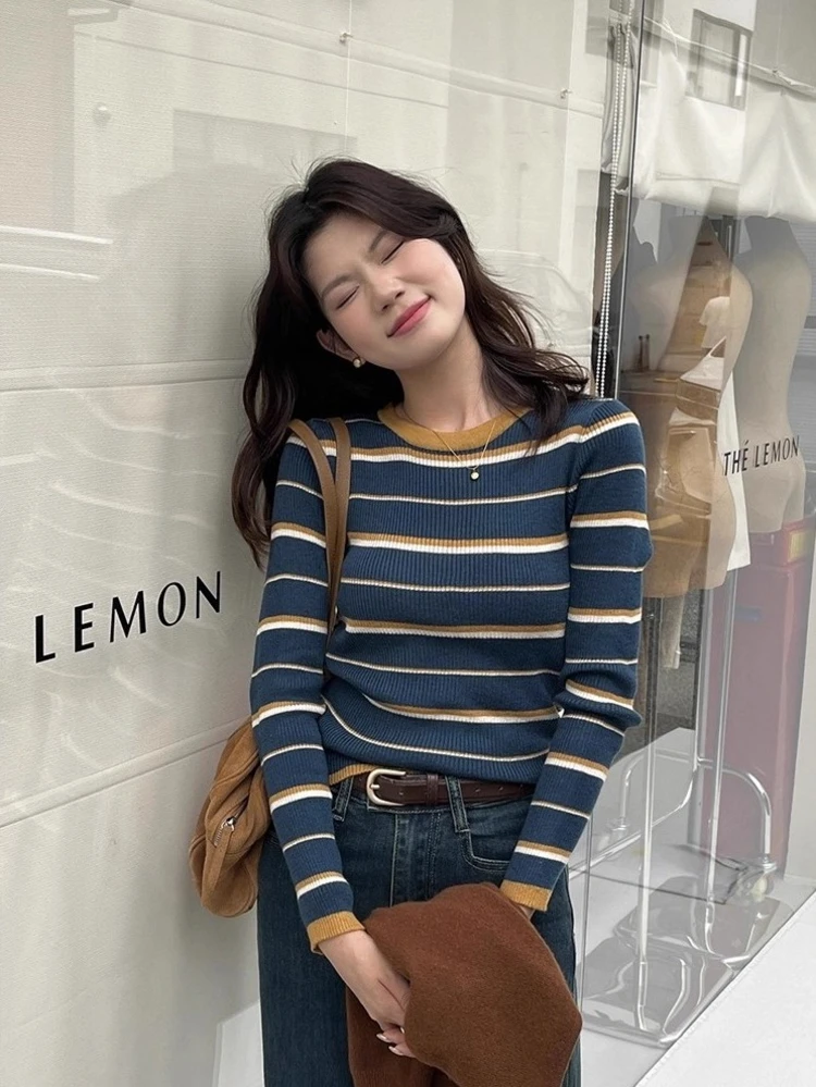 لون Blo شريط مستدير Ne Long Sve محبوك قاعدة irt المرأة ort Sle الكورية Faion ملابس داخلية للخريف #4