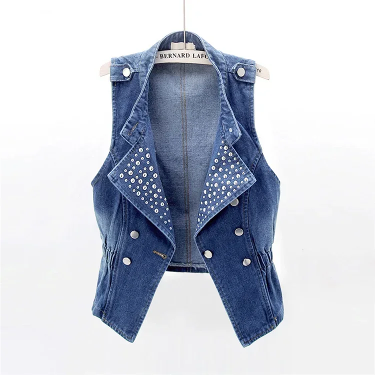 

Pop Vintage Blue Rivet Stand Collar Denim Vest Women 2025 Slim Short Cowboy Waistcoat Summer Sleeveless Jeans Jacket Female Outw