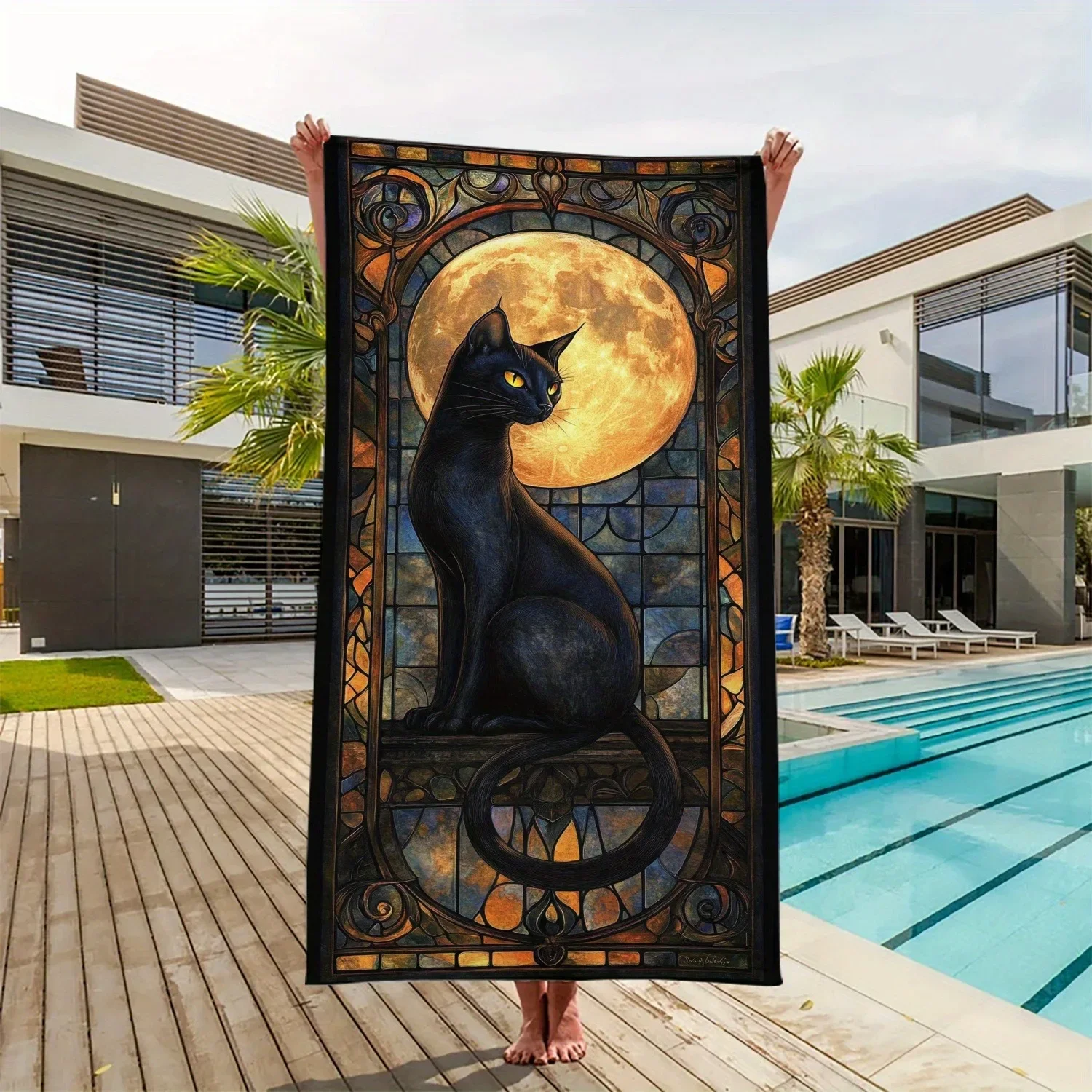 Black Cat Stained Glass Moon Beach Towel: A Stunning Summer Essential! Suitable for towels, bath towels, beach towels