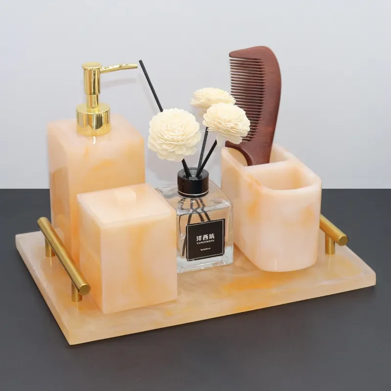 Faux Marble Resin Bathroom Organizer Set Sink Tray Cotton Swab Box Comb Holder Aromatherapy Diffuser Stand Vanity Countertop