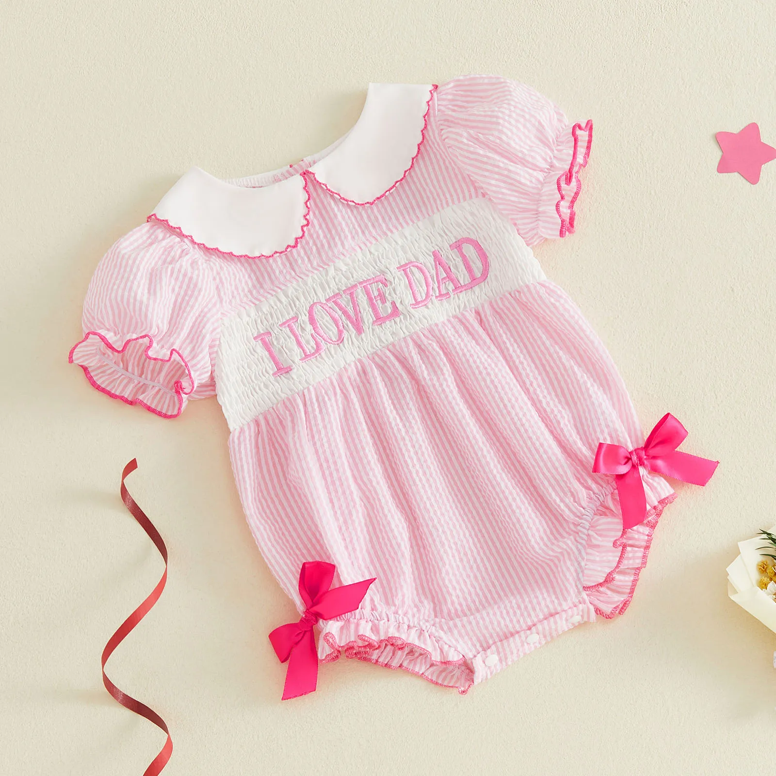 Sweet Baby Girl Summer Bodysuits Clothes Ruffle Short Sleeve Peter Pan Collar Bubble Romper Mothers/Fathers Day Outfits