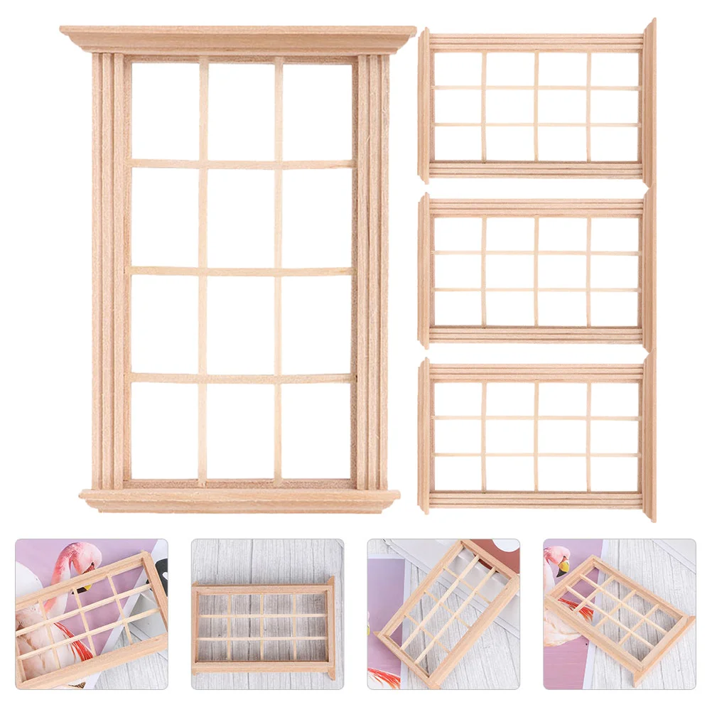 4 Pcs Window Frame Model House Furniture Miniature Frames Windows Accessories Home Decor Toy Solid Wood