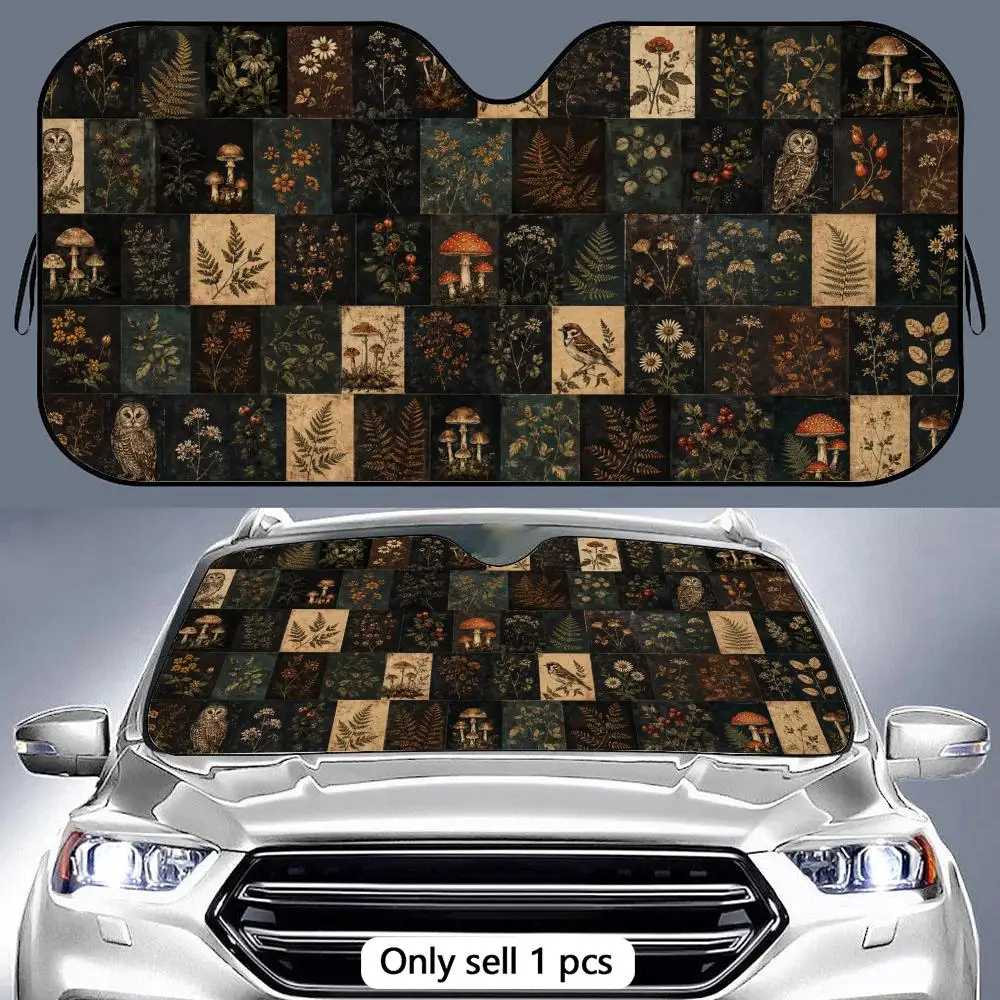 Dark Boho Forest Bird Floral Sun Visor Reusable Double-Sided Windshield Sun Visor UV Block Portable Heat Shield Cover